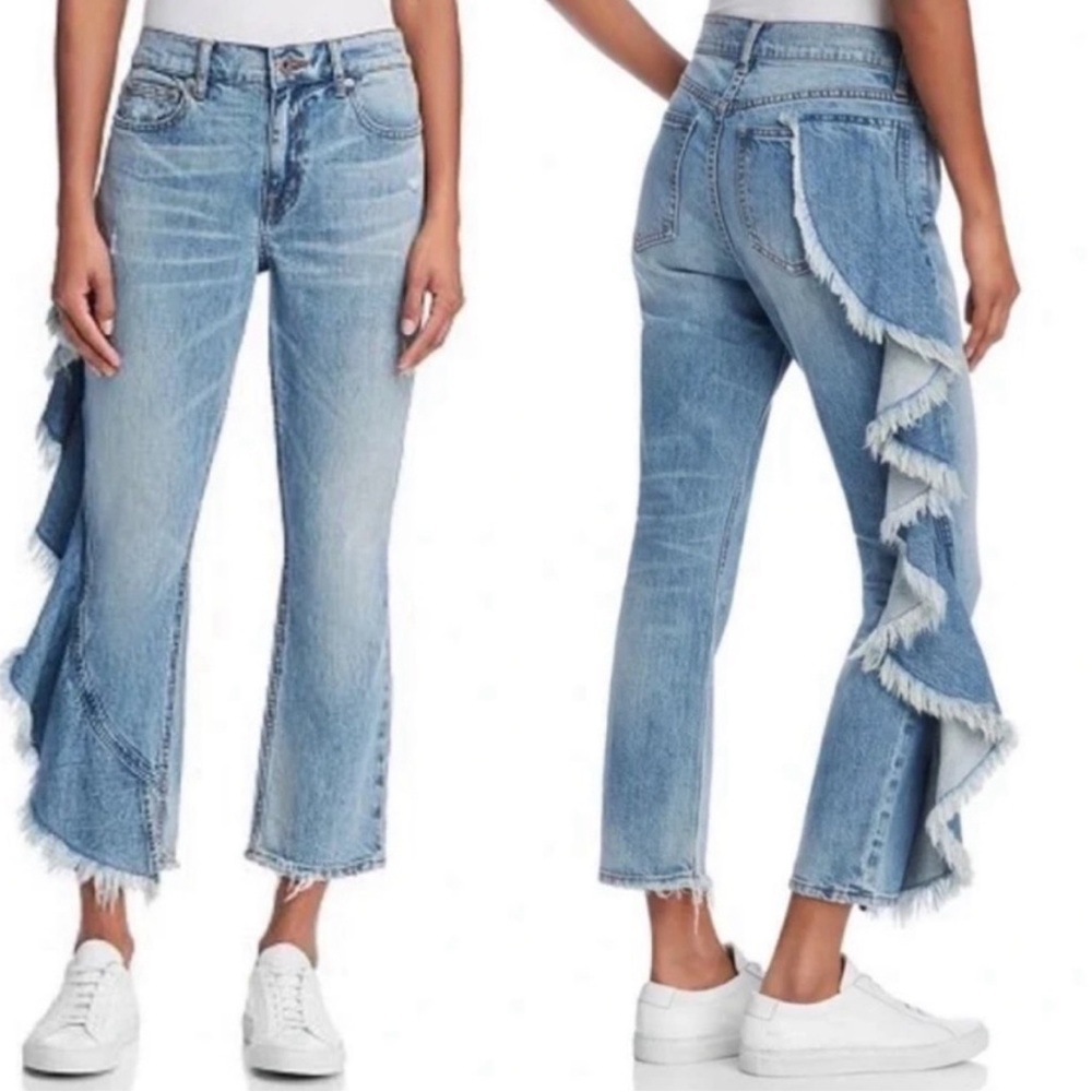 Revolve Pistola Lennon Take A Chance
Side-Ruffle High Rise Distressed Boot Jeans